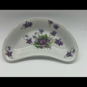 Vintage Lefton China Crescent shape Dish Purple Floral Pattern 6”x3”